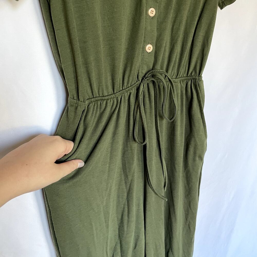 olive green button front drawstring waist jumpsuit pockets women's size small - Picture 3 of 8